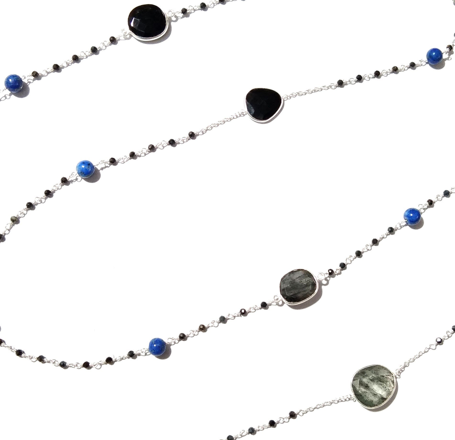 44'' Log Necklace ! Black Rutile Necklace With Lapis Lazuli & Black Onyx, 925 Sterling Silver Jewelry, Handmade Beaded Necklace.